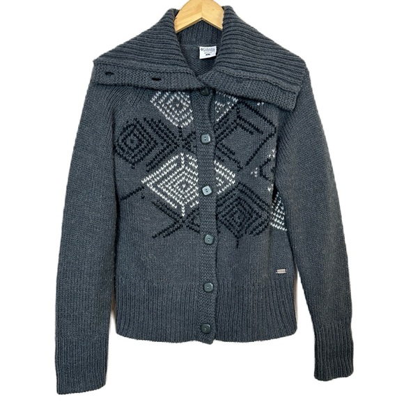 Columbia Wool Blend‎ Fair Isle Gray Sweater Cardigan Women’s Large - Picture 1 of 4